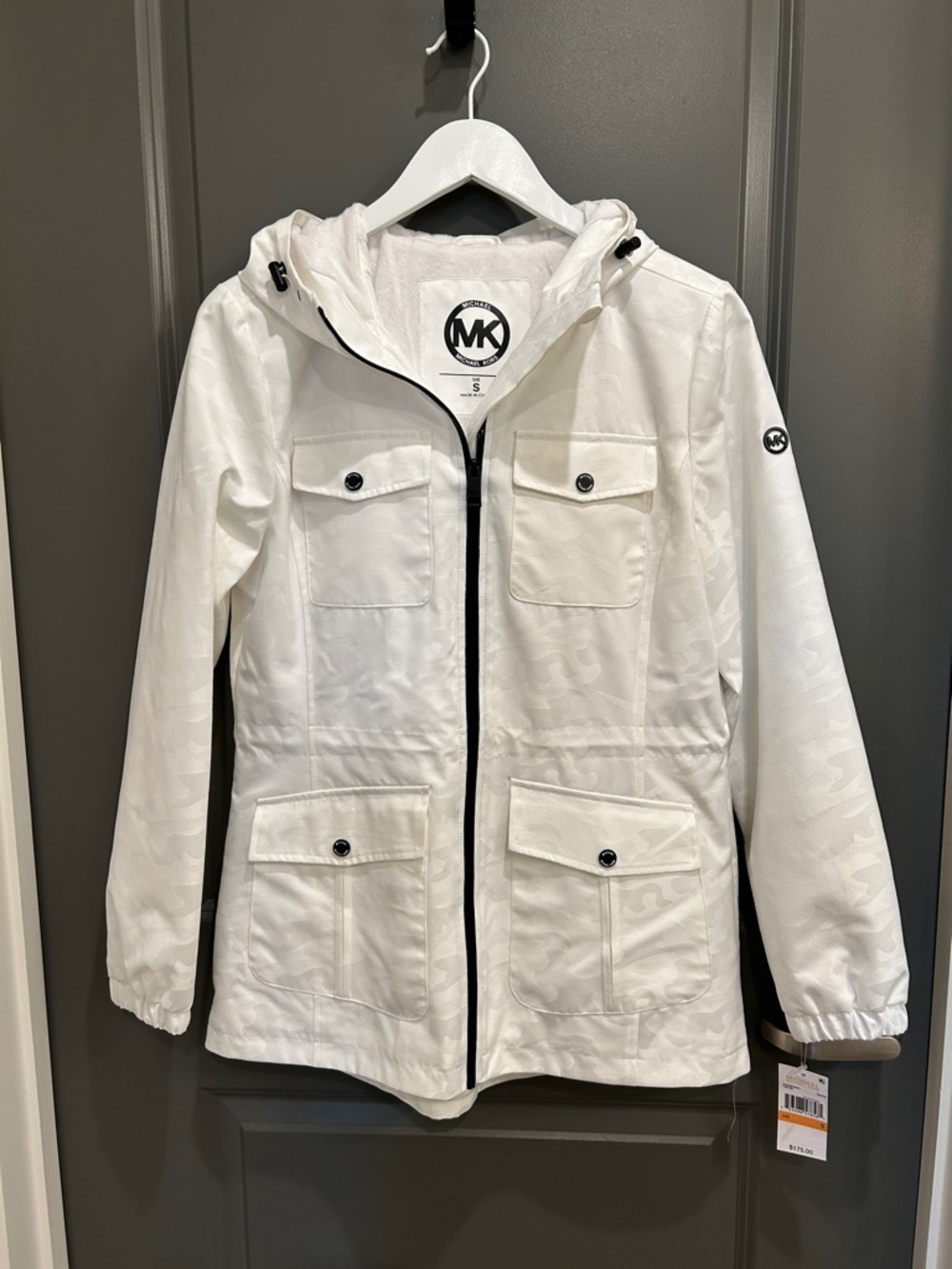 Michael Kors White Hooded Utility Jacket with Black Trim NWT